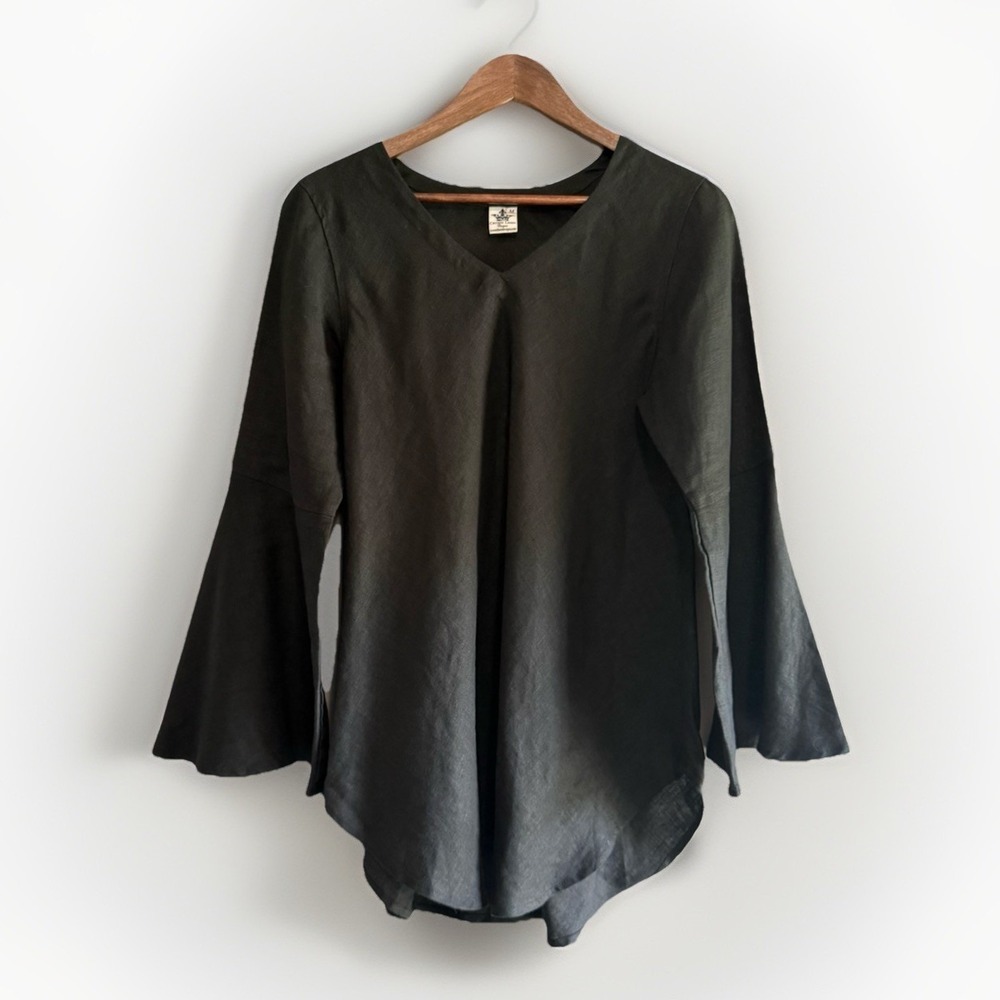 Crown Linen Designs Linen Top Bell Sleeve Black Tunic V Neck Beach Lagenlook M - Picture 15 of 15